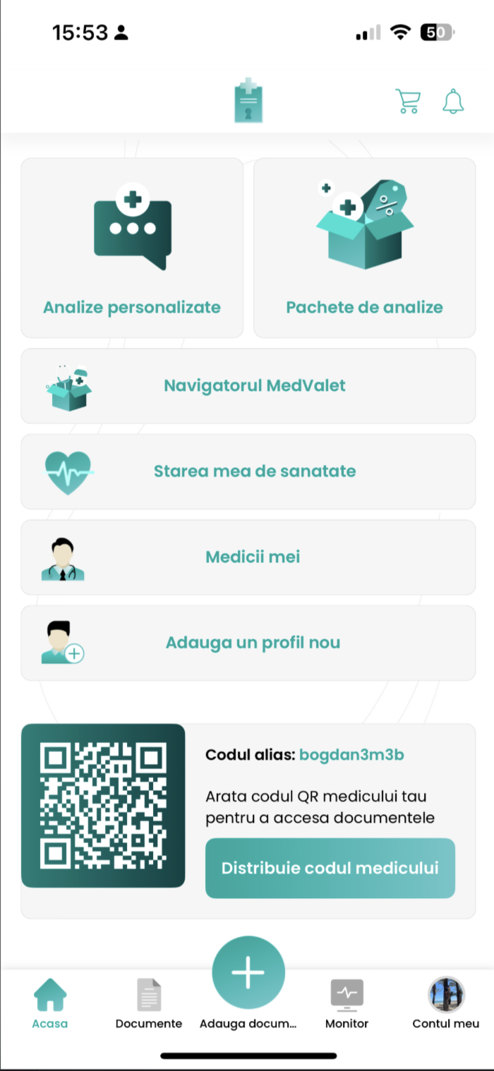 Ecranul principal al aplicației MedValet